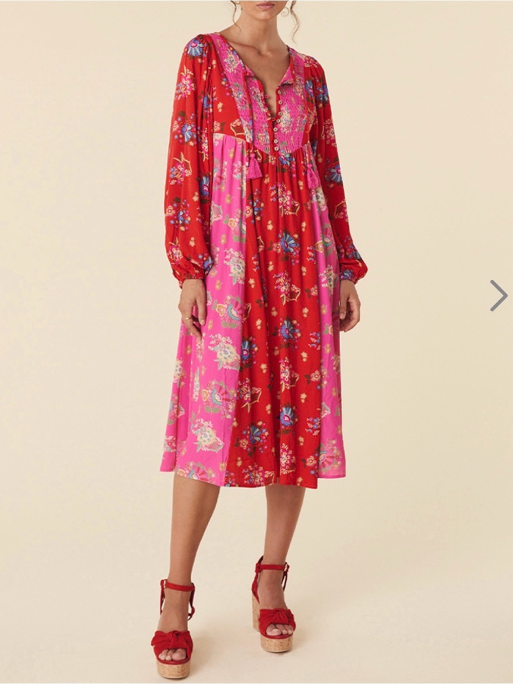 Spell Solstice boho Floral Red & Pink Long-Sleeve V-Neck Midi Dress XXL